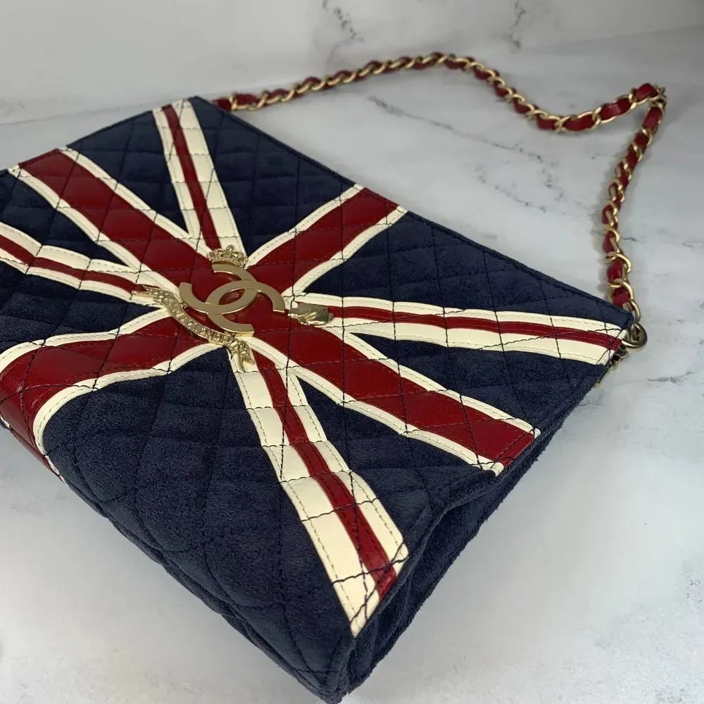 ❌❌ CHANEL Union Jack UK Bag British Flag suede vintage London CC Shoulder/clutch - Picture 8 of 16